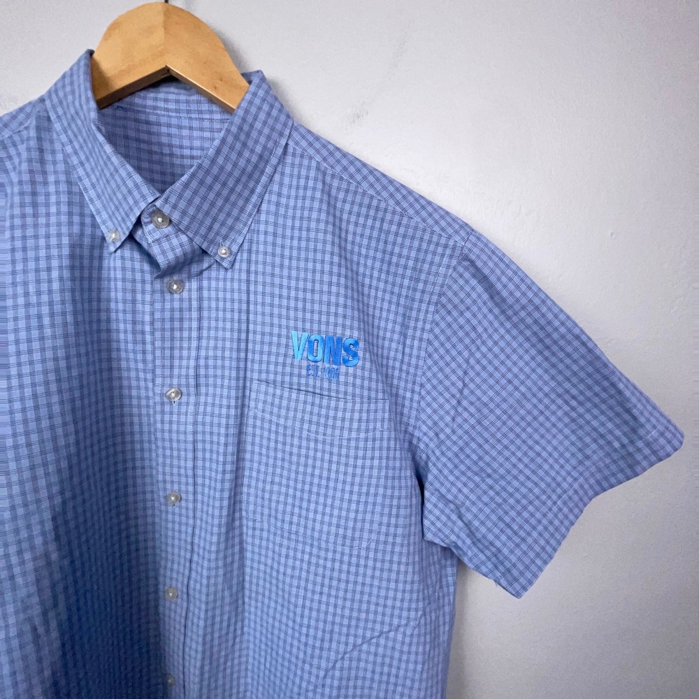 Vons Grocery Employee Shirt Men XL Blue Manager Uniform Plaid Short Sleeve Work